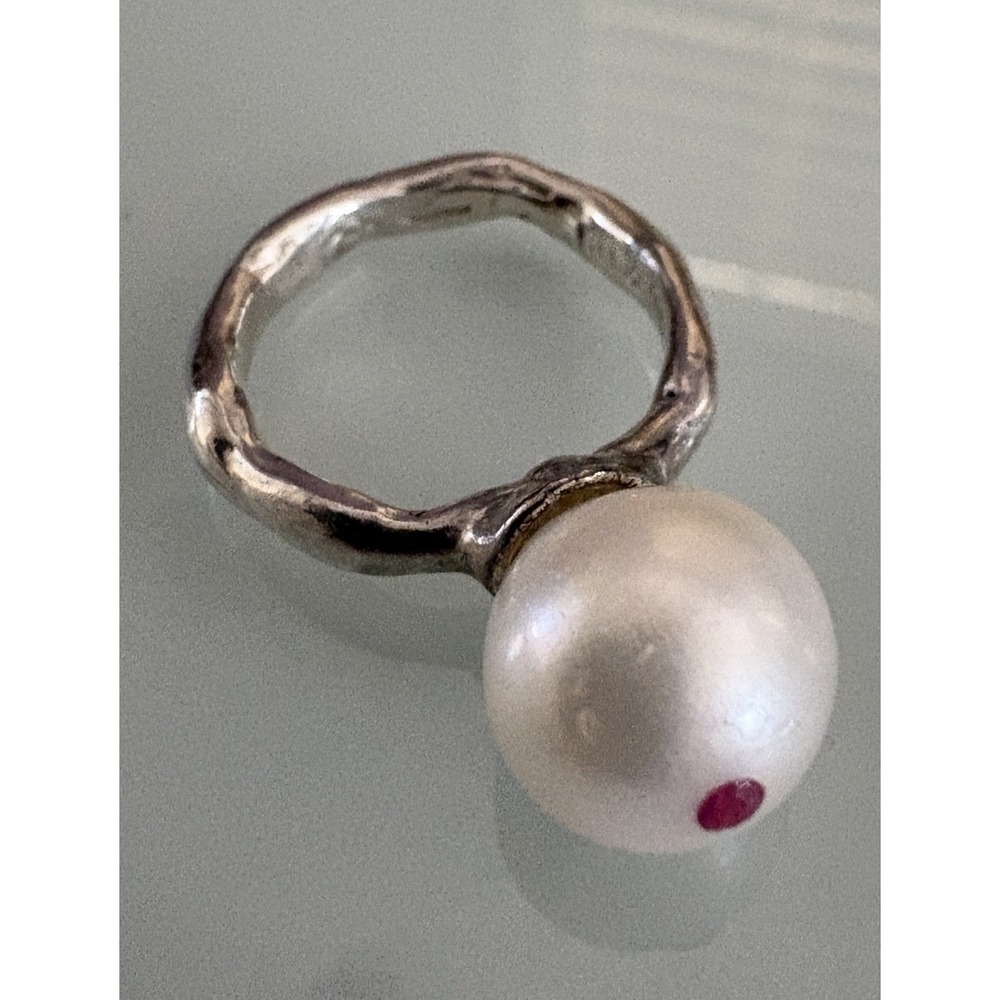 Large White Pearl Handmade 925 Sterling Silver Ring Size 5.5 Tiny Ruby Stone